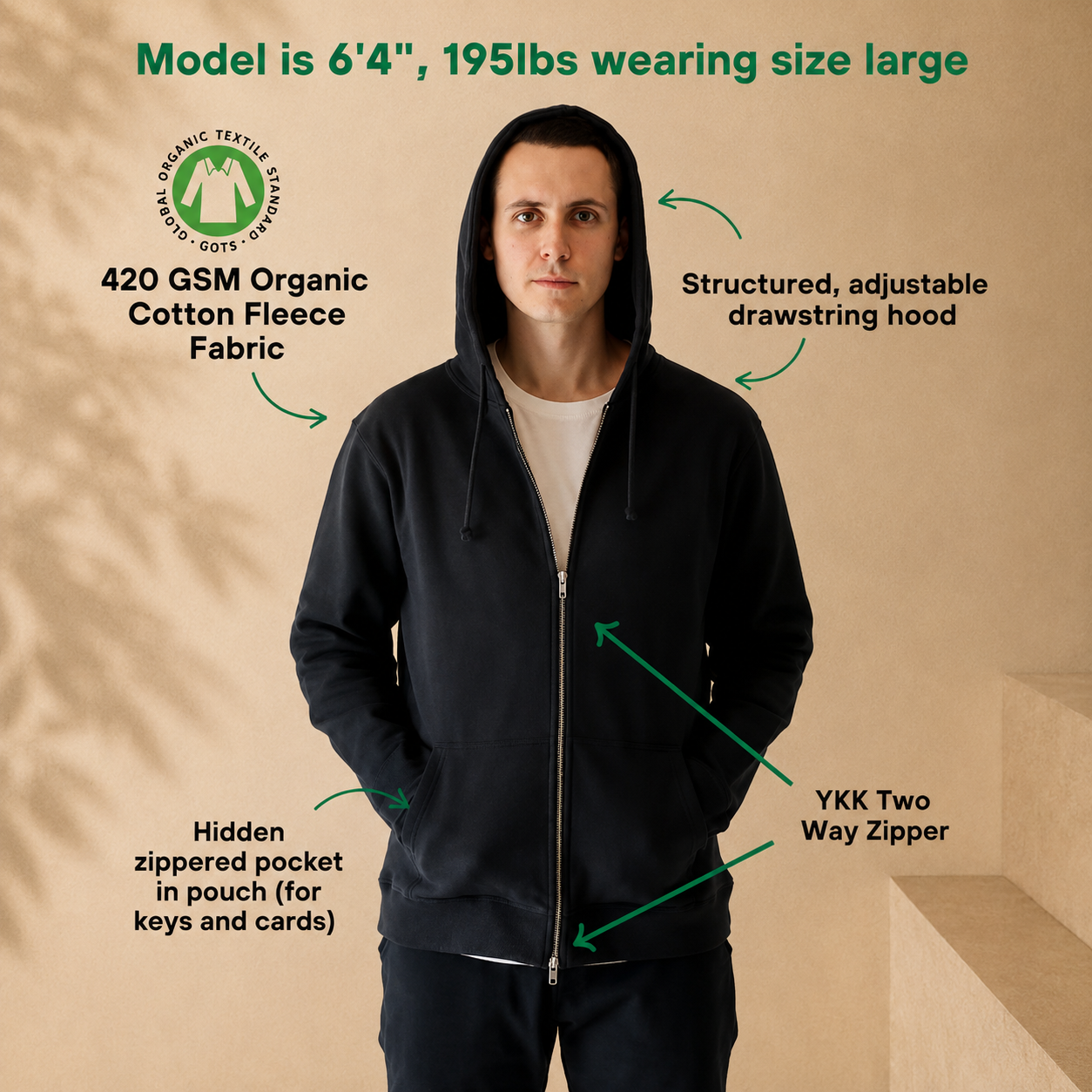 Organic Cotton Heavyweight Fleece Zip Up Hoodie