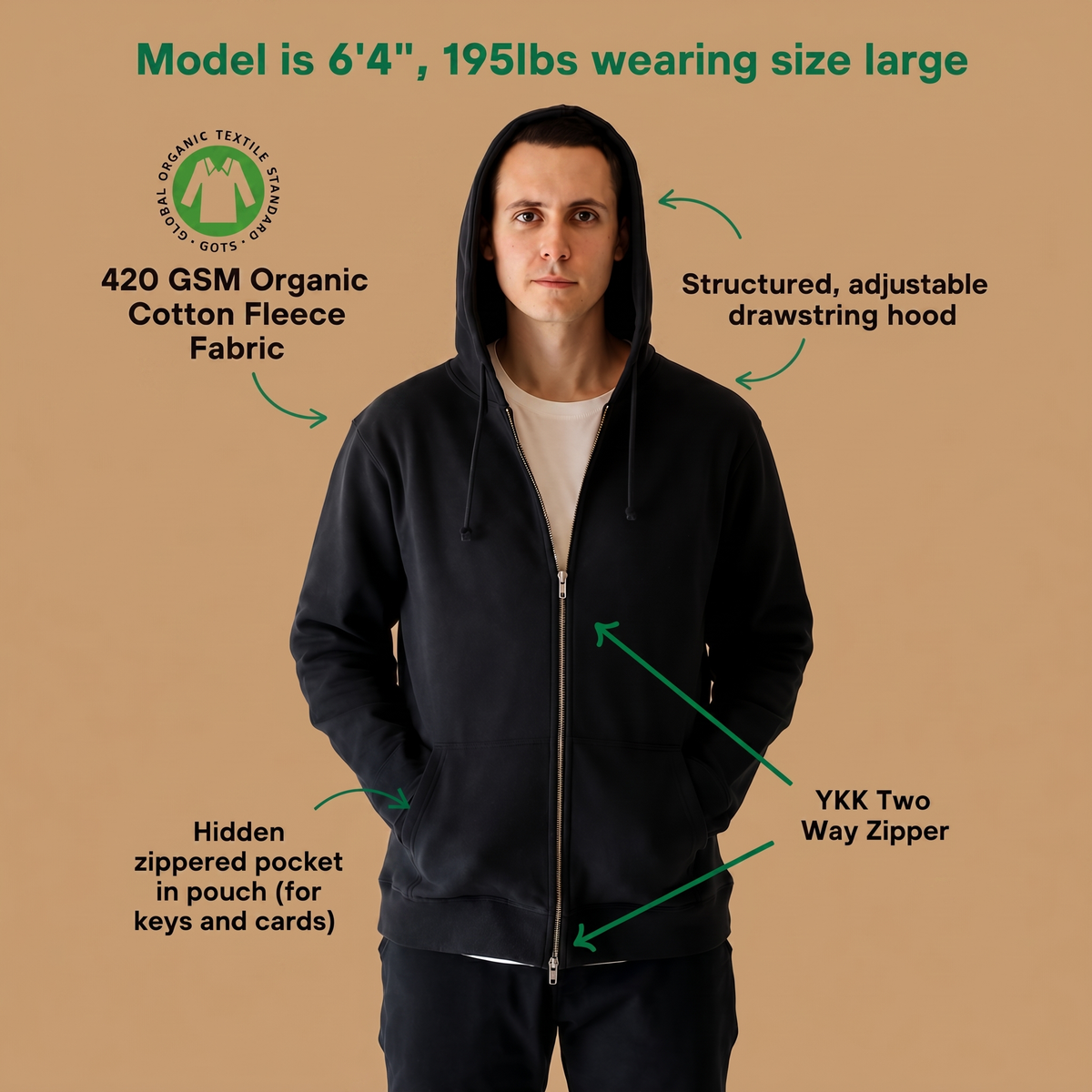 Organic Cotton Heavyweight Fleece Zip Up Hoodie